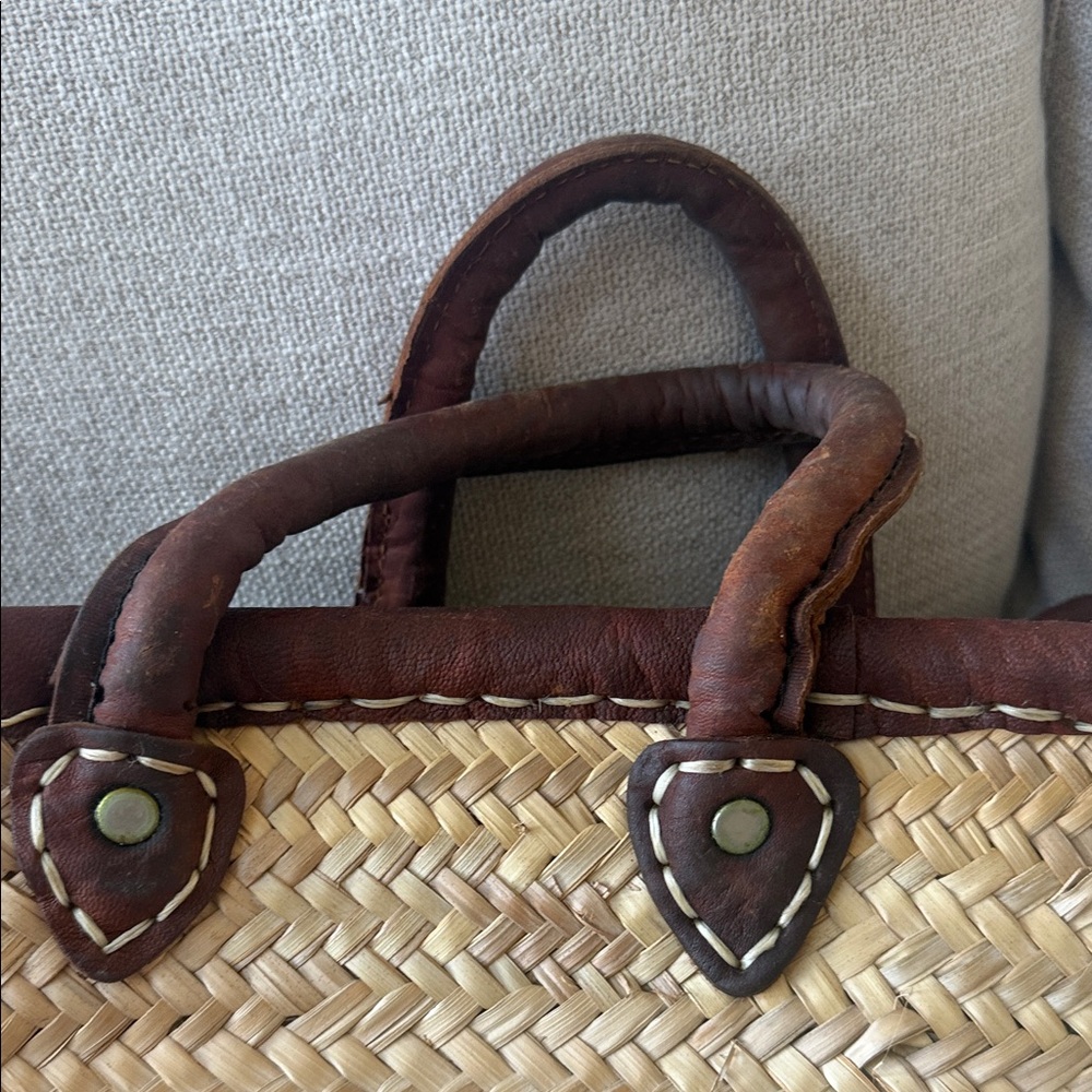 Source Unknown Tan and Brown Woven Tote from Mexico, leather handles, and trim. - Picture 2 of 6